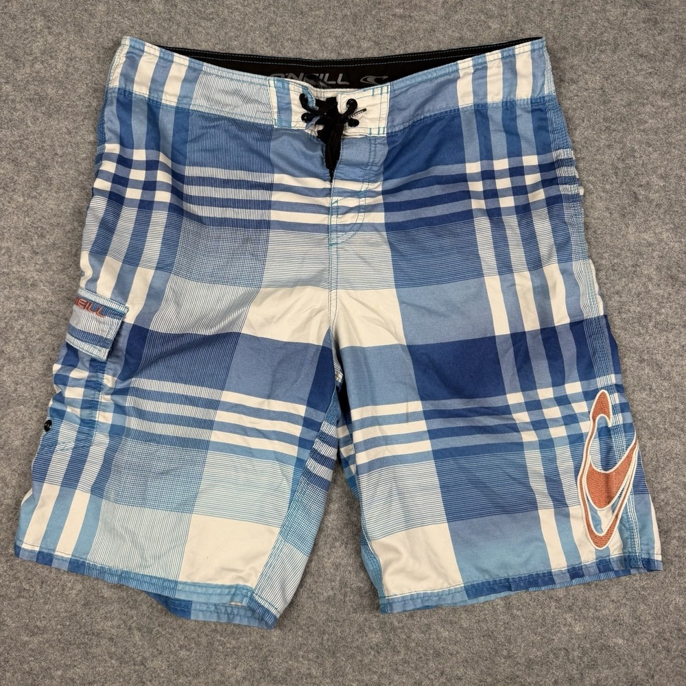 O'Neill Mens Plaid Board Shorts Size 34 Blue Swim Trunks Surf Beachwear Cargo